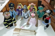 8 - Melissa and Doug Hand Puppet Lot Cop Fireman Cowgirl Knight Pirate Queen