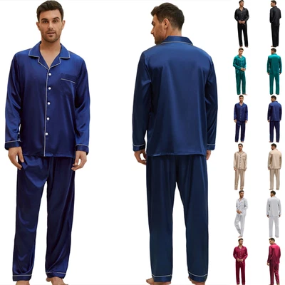 JAZJOZ UK Set Mens Satin Silk Pajamas Suit Dressing Gown Summer Pjs Loungewear Pyjama