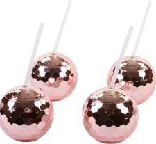1970s Disco Ball Cups 4-Pack, 19 oz Rose Gold Tumbler with Straw for Parties