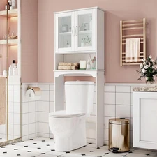 Over The Toilet Storage Cabinet w/ Double Tempered Glass Doors Adjustable Shelf
