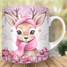 Cute Pink Reindeer - Holiday Ceramic Coffee Mug - 15oz Cup