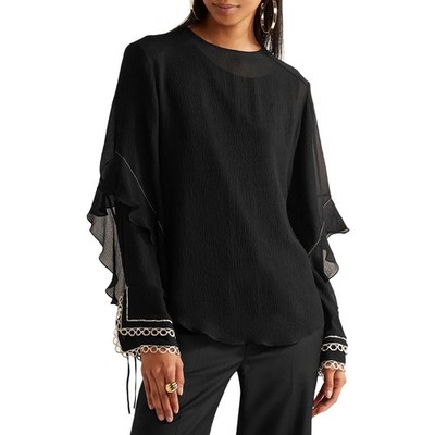 Chloe 100% Silk Black Ruffle Metallic Seersucker Blouse Size FR 36 Small