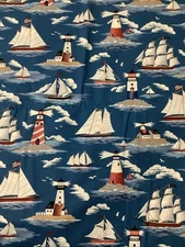 Nautical Lighthouse Cotton Fabric Ships Ocean Boats Blue 4 Yards x 45” W Vintage