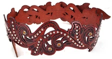 3D Belt Company Maroon Hand Tooled Leather Studded Cut Outs Belt Men's 34