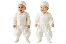 Baby Boys Christening Quilted Romper with Hat - Baptism Outfit Set for Infants