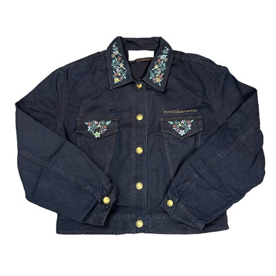 Roccobarocco Womens Navy Denim Jacket Italy Floral Embroidered - Size 14 - XL