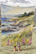 Watercolor Coastal Wildflowers Coral Fleece Cozy Throw Blanket Rustic Elegant