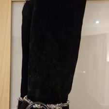 Black Knee High Suede Slip On Boots Faux Fur Trim Block Heel UK 8