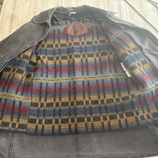 Woolrich Blanket Lined Canvas Chore Barn Coat Vtg Leather Trim Mens Medium USA