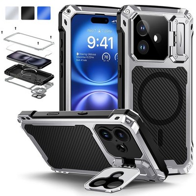 Robuste stoßfeste Metallhülle Displayschutzfolie + Ständer für iPhone 17 16 15 14