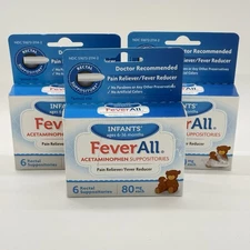 3 FeverAll Infants' Acetaminophen Suppositories Pain & Fever Relief New Exp 3/27