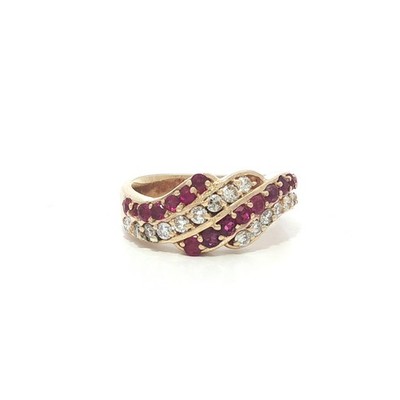 Vintage 14k Gelbgold 1,20ctw hochwertiger Rubin & Diamant 4-reihiger gewellter Bandring