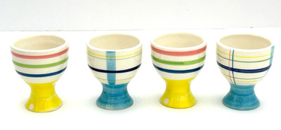 4 Williams Sonoma Easter Story Time Pedestal Ceramic Egg Cups 2 Plaid 2 Striped