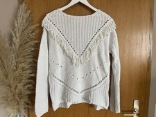 H&M Damen Loch Strick Pullover ~ Gr. S ~ weiß ~ Boho Vintage ~ mit Fransen ~ Top