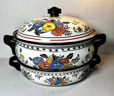 M Kamenstein Enamel Cookware 3 Piece Set Floral Brass Handles VIntage 1981