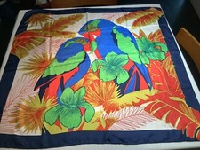 Vintage Silk Scarf Tropical Blue Green Parrots Red Palm Leaves Square 33x34