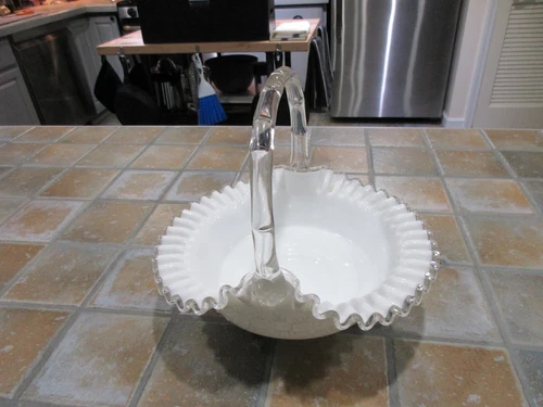 FENTON Milk Glass Silver Crest LARGE Ruffled Spanish Lace Brides Basket 10"