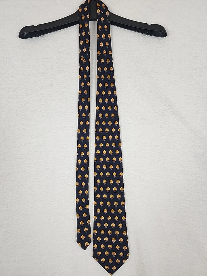 DORMEUIL Men's 100% Silk Necktie ITALY Designer Medallions Navy Gold Paris EUC - Image 2 of 4