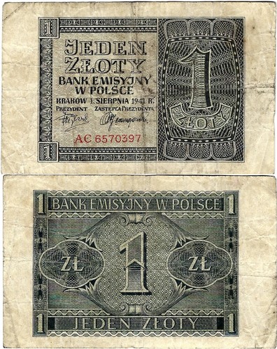 Polen Banknote 1 Zloty 1941 EMISSION BANK IN POLAND ZWK-34a Ro.579a P-99 SELTEN - 第 1/1 張圖片