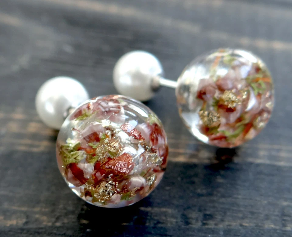 Chaqueta de oreja brezo real Pendientes de doble bola Pendientes delanteros traseros Doble cara  Foto 4 de 4