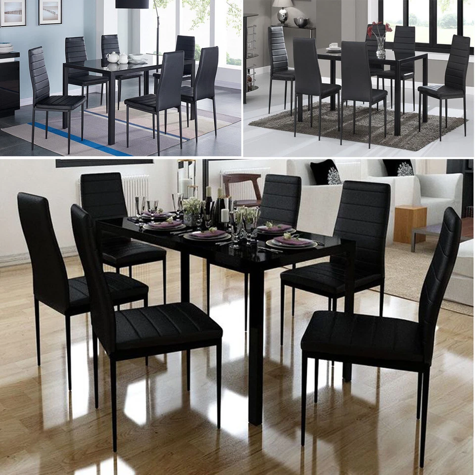 Black Dining Table &Chairs 4/6 Set PU Leather Seat Dining Kitchen Room Furniture - Image 3 of 4
