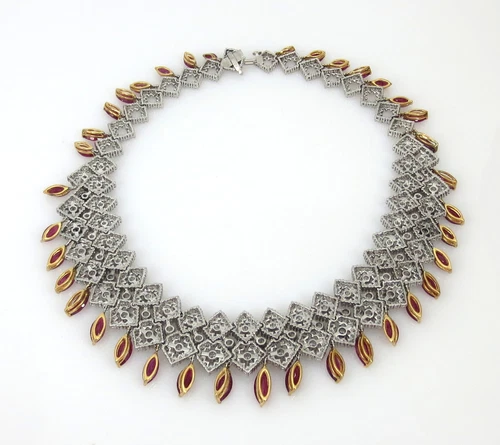Estate 41.0ct Ruby 27.0ct Diamond Platinum & 18K Yellow Gold Fringe Necklace - Picture 8 of 8