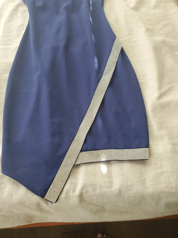 Vestido Juniors Asimétrico-Dobladillo Estrás Fiesta Ropa Halter Cuello Azul Marino ¡NUEVO! Foto 3 de 4