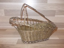 Antiker Wein-Flaschenkorb-versilbert Drahtkorb Flaschenhälter geflecht L24cm