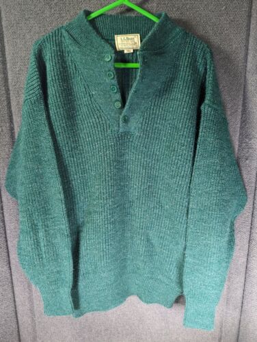 Vtg LL Bean Mens Large Tall High Trek Yarn Henley Wool Fisherman Sweater Green - Picture 1 of 6