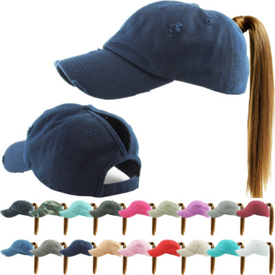 Ponycap Messy High Bun Ponytail Adjustable Solid Cotton Washed Baseball Cap Hat