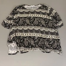 On The Plus Side Top 3X Paisley Print Black Beige Made in USA Blouse Ruffled