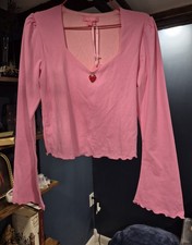 Dolls Kill Sugar Thrillz Strawberry Pink Long Sleeve Top Size Large NWT Crop