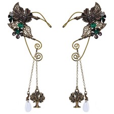 Renaissance Flower Leaf Tree of Life Elf Ear Cuffs - Bronze Fairy Earrings wi...