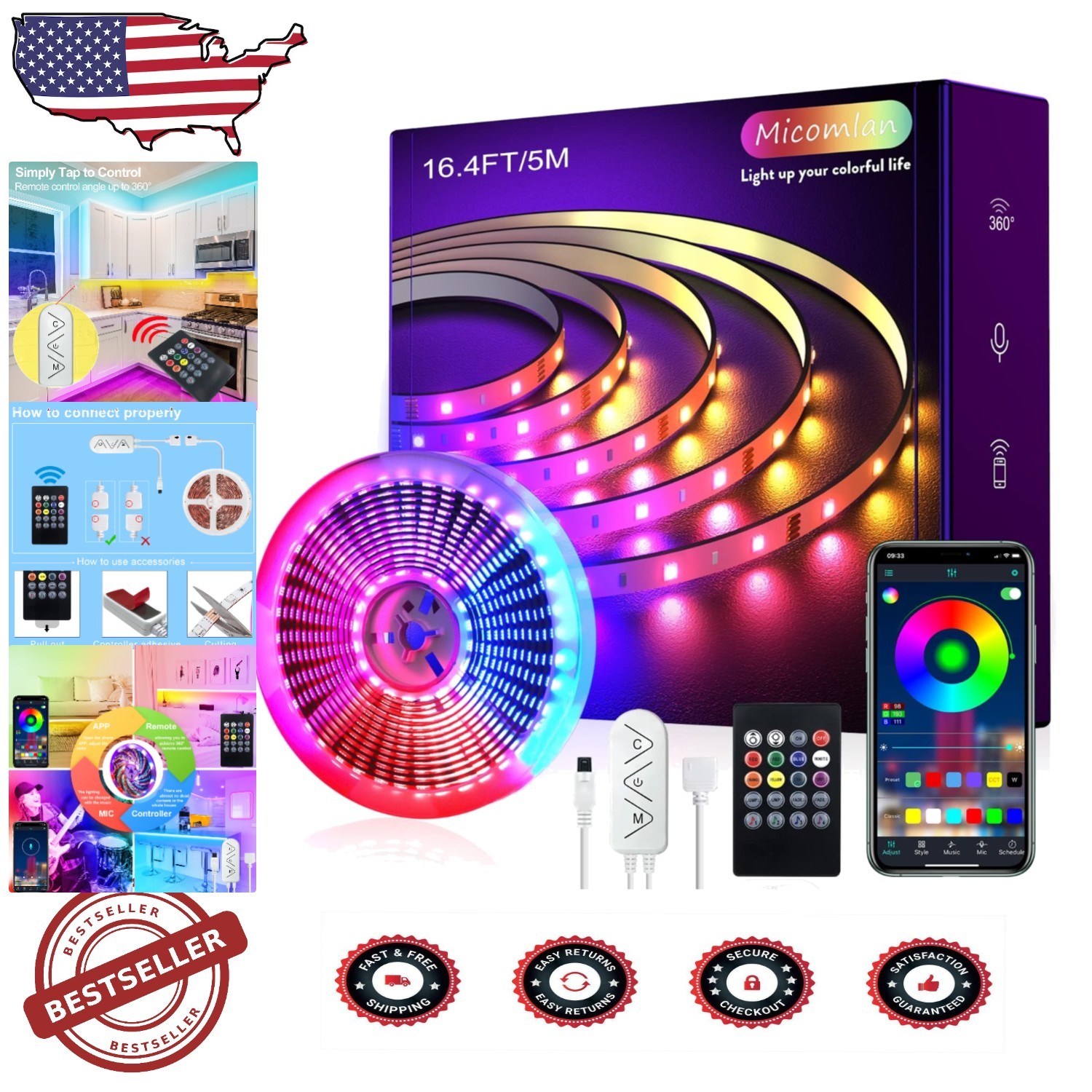 16FT Smart LED Strip Lights - App & Remote Control Color Changing for Home Decor