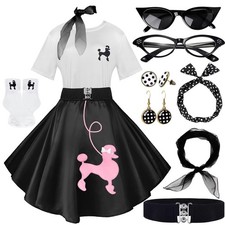 10Pcs Sock Hop Outfits Costume Women 1950s Poodle Skirts T-Shirt 50s