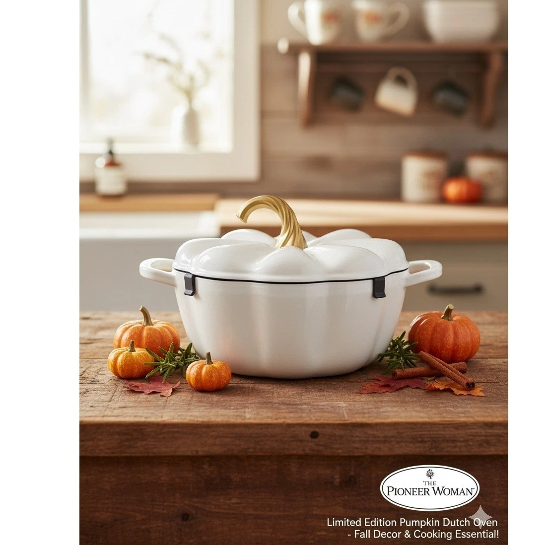 Pioneer Woman Pumpkin 3.5 QT Enameled Cast Iron Dutch Oven White Gold Handle New