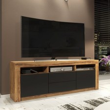 TV Stand 160cm Matt Dark Oak Body Matt Black Doors Modern Media Cabinet LUNARO