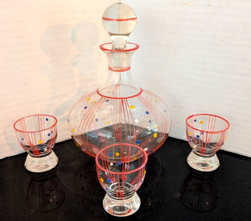 Czech Art Deco polka-dot glass sherry set — playful spotted pattern on delicate hand-blown glass makes this an affordable, charming vintage find.