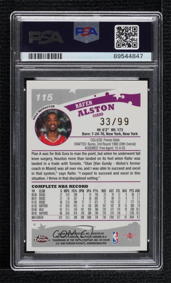 2005-06 Topps Chrome Gold Refractor /99 Rafer Alston #115 PSA 8 - Image 2 of 2