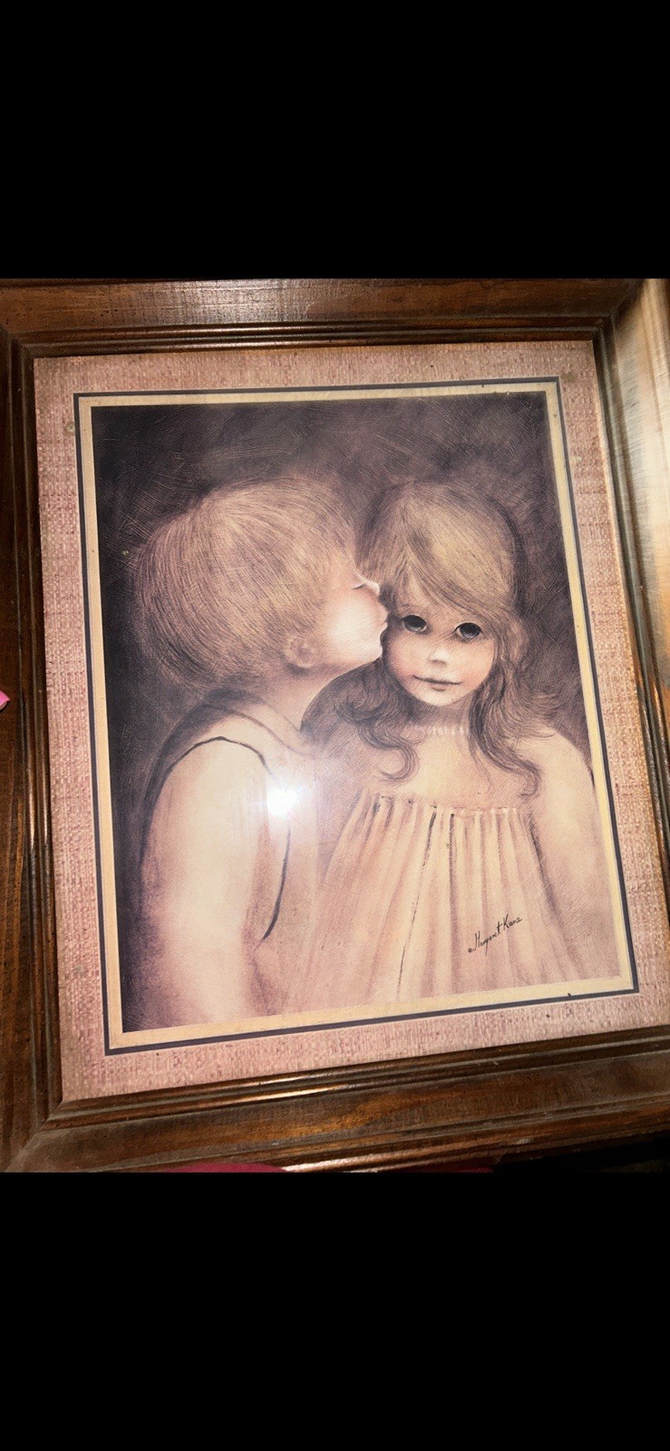 Margaret Kane, “A Little Kiss, Framed Signed Art Print, 17" x 20" Mid Century 