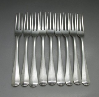 ANTIQUE GOOD SET 9 SOLID SILVER DUTCH DESSERT FORKS 383g 17.2CM THE HAGUE 1926