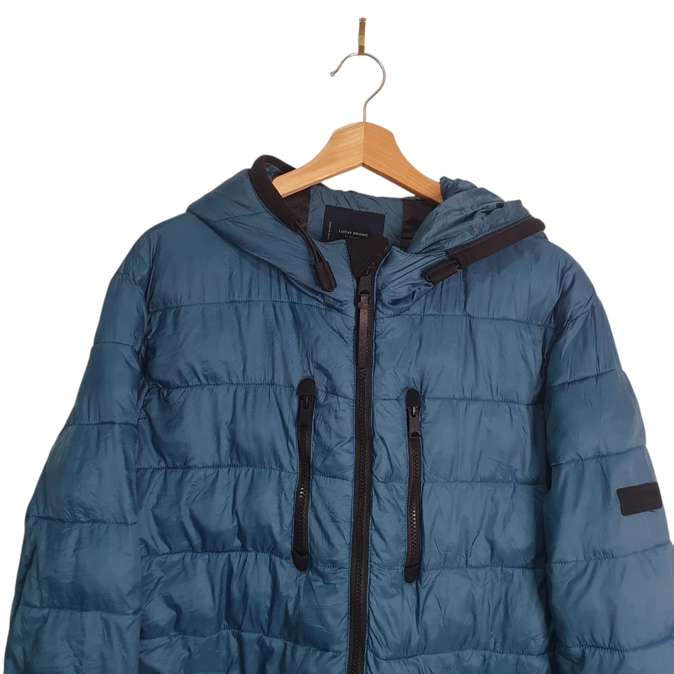 Lucky Brand Mens Size L Teal Quilted Puffer Hooded Zip Cold Weather Jacket - Image 2 of 4