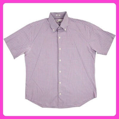 Peter Millar Crown Ease Short Sleeve Shirt Men LARGE Pink Blue Plaid Cotton READ