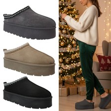LADIES SLIPPERS PLATFORM WOMENS WARM SLIP ON WINTER SNUG FAUX FUR MULES SIZES