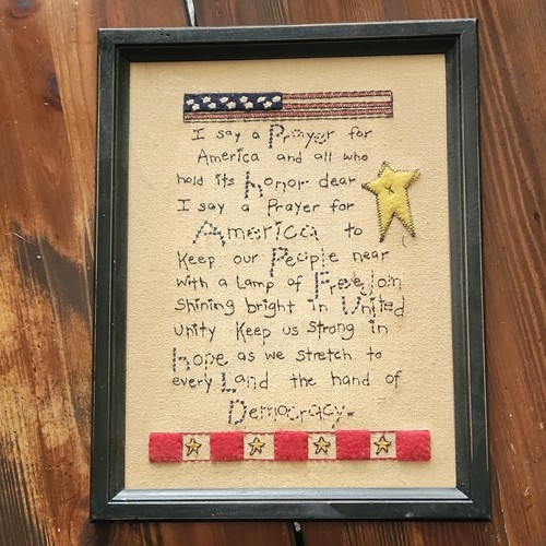 Framed American Patriotic Sampler Stars Flag Design Beige Red Blue Yellow Fabric