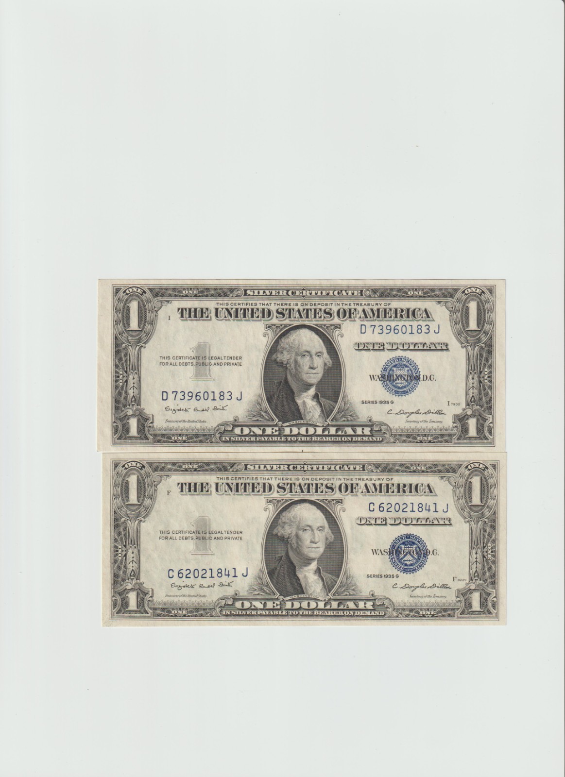 2 Notes 1935 G (1 with motto & 1 without motto) One dollar Silver Certificate