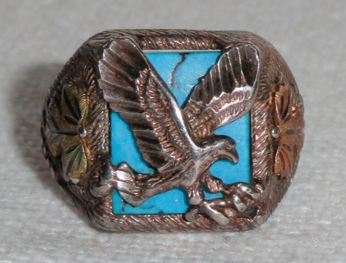 Vintage Black Hills Gold Sterling Ring ~ Eagle Turquoise ~ Leaves on Band 10.75