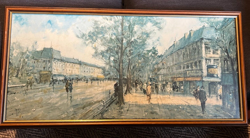 VINTAGE LARGE FRAMED PRINT OF FRENCH PARIS STREET SCENE SHOPS