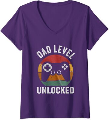 Funny New Dad Level Unlocked Day Tee Gaming Cute Gift Ladies' V-Neck Tshirt