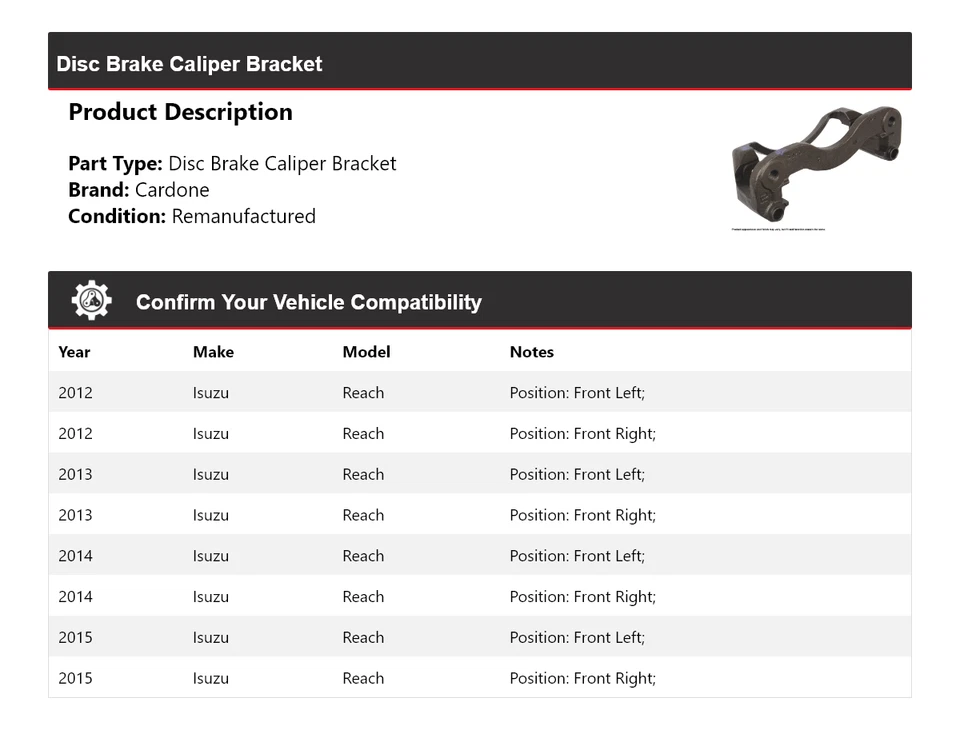 Soporte de pinza de freno de disco de alcance Isuzu 2012-2015 Cardone 2013 2014 Foto 2 de 4